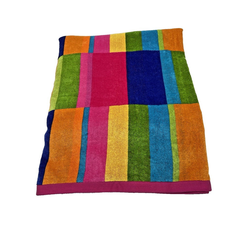 Vintage New Velour Cotton Bright Multi Color Block XLarge Beach Towel 58x70